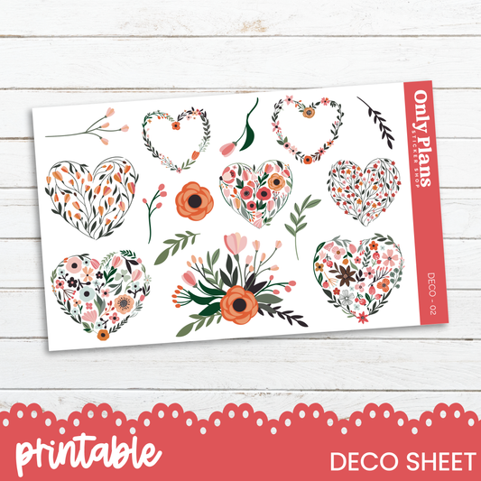 a printable sheet of hearts and flowers