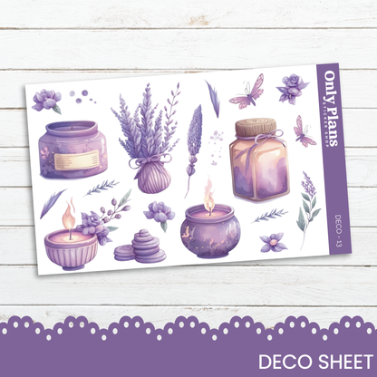 a purple sticker sheet with various items on it