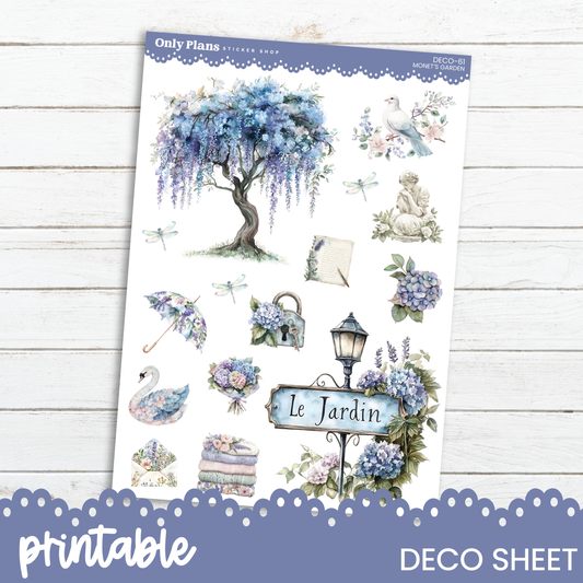 a sheet of stickers with blue flowers and a tree