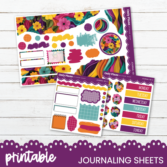 a collection of colorful and vibrant journaling sheets, including daily planners, mood boards, and other decorative elements.