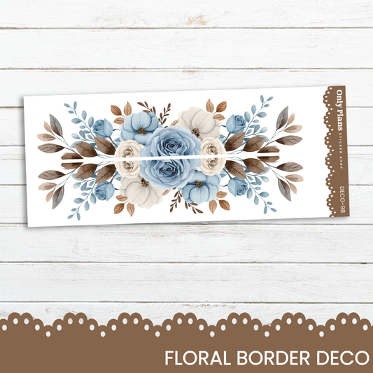 a floral border with blue flowers on a white background