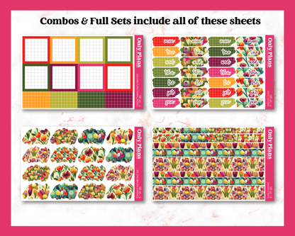 a set of colorful stickers with the text combos and full sets include all