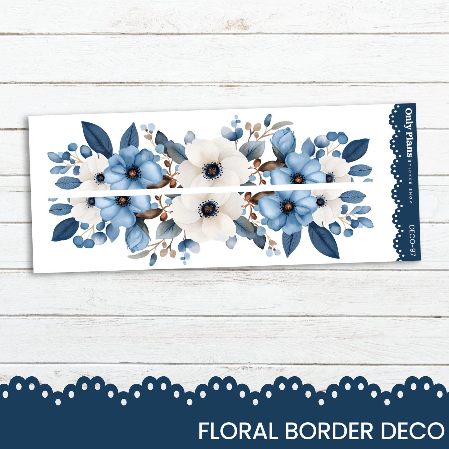 a floral border decorated with blue and white flowers