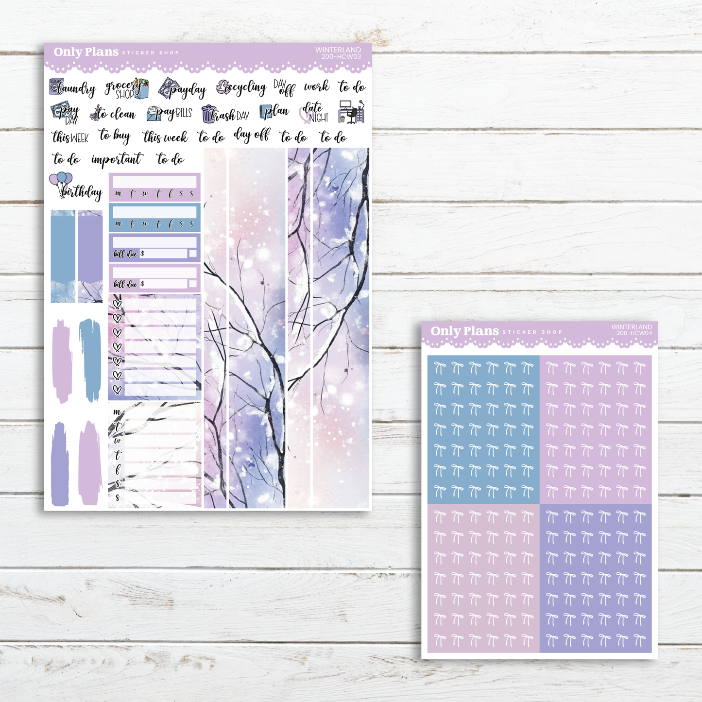 a purple and blue planner sticker next to a white wooden background