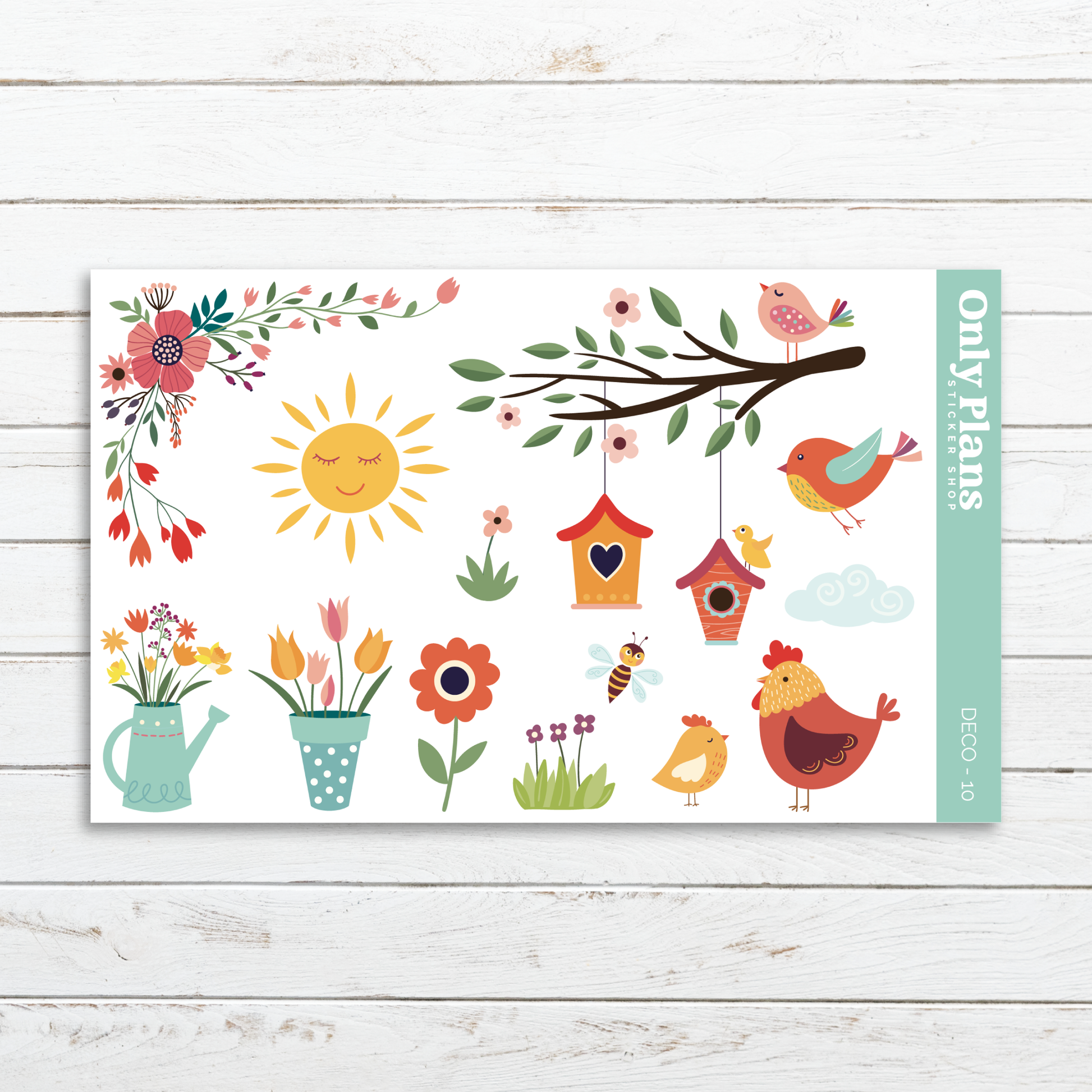 a card with birds, flowers, and a birdhouse