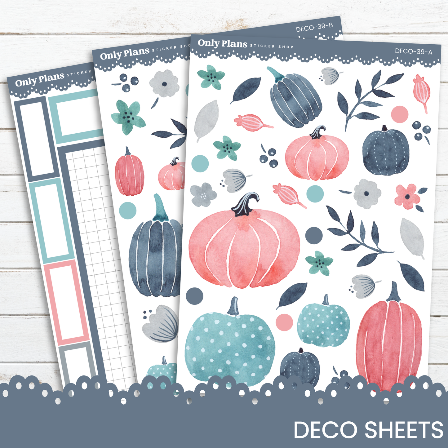 three planner pages with pumpkins and leaves on them