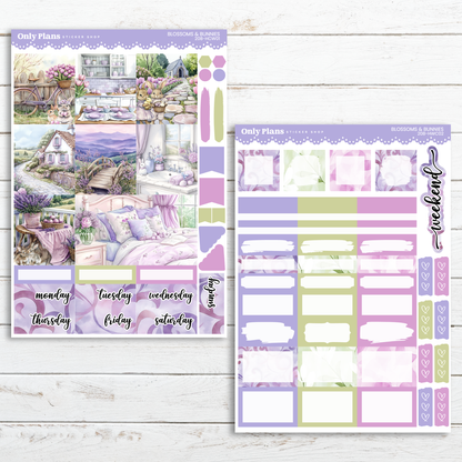 a purple and green planner sticker with a picture of a bedroom