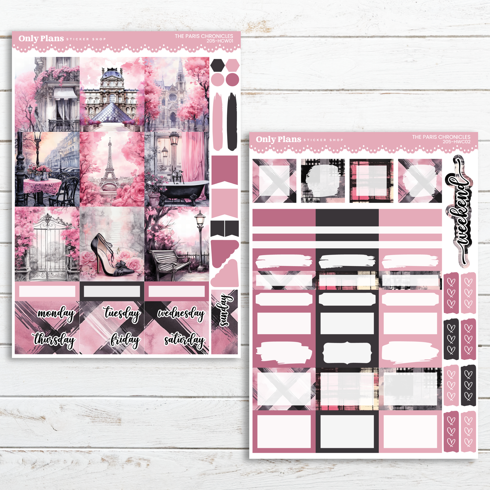 a pink and black planner sticker with a picture of the eiffel tower