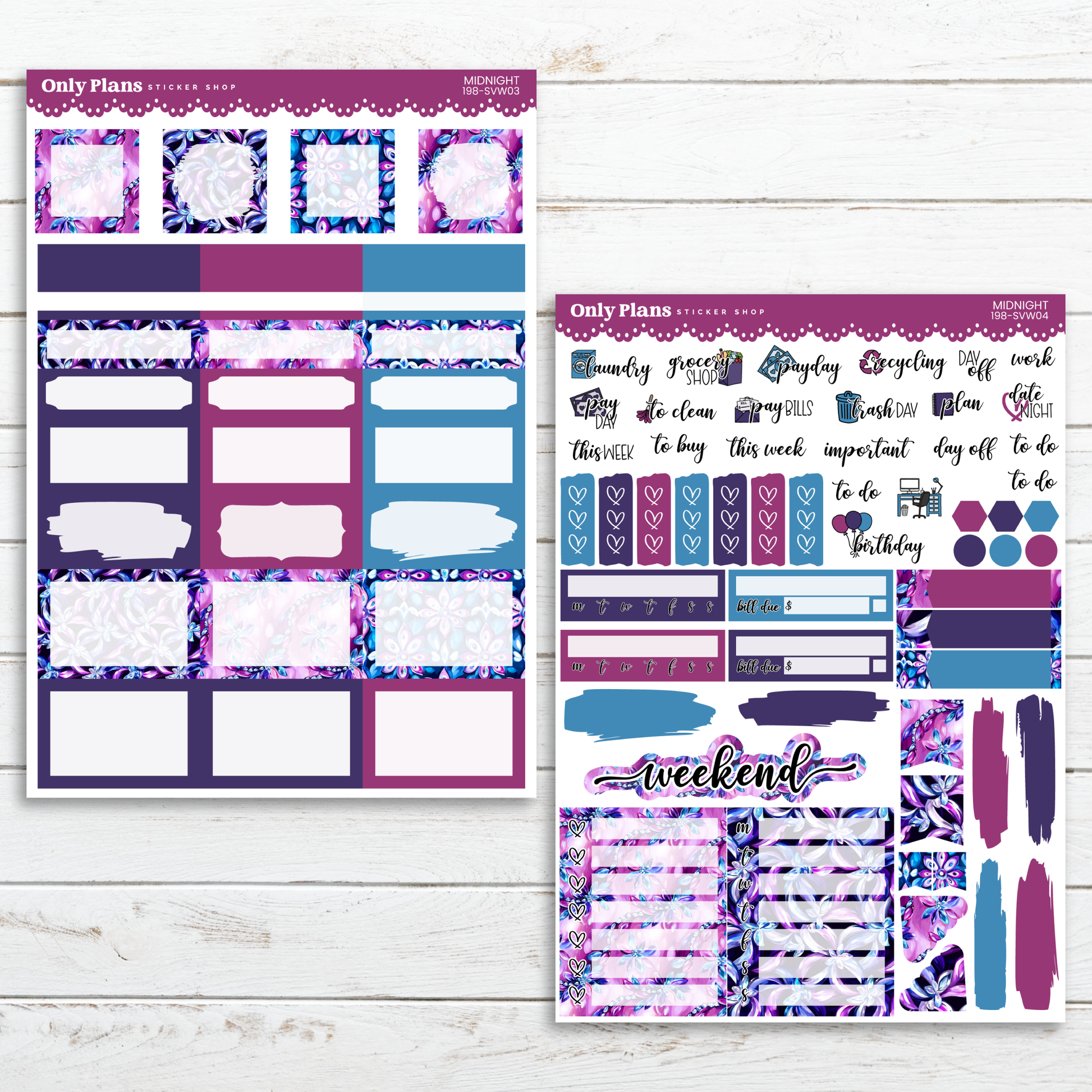 a purple and blue planner sticker and a pink and blue planner sticker