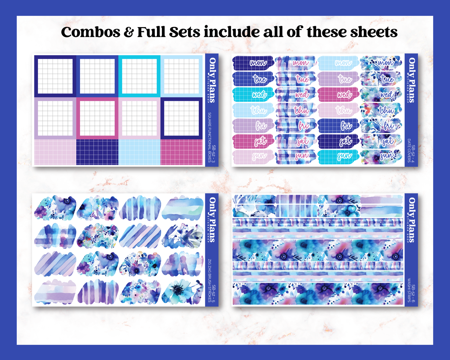 a set of three sheets of blue and pink stickers