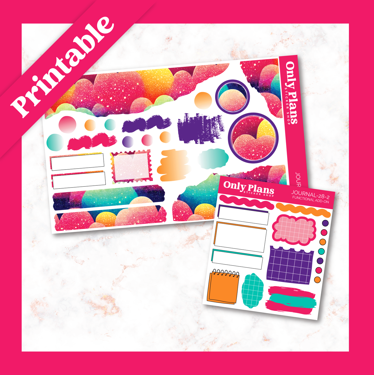 two planner stickers on a pink background