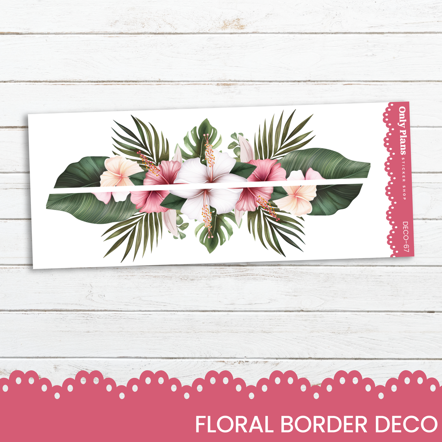 a floral border with pink flowers and green leaves