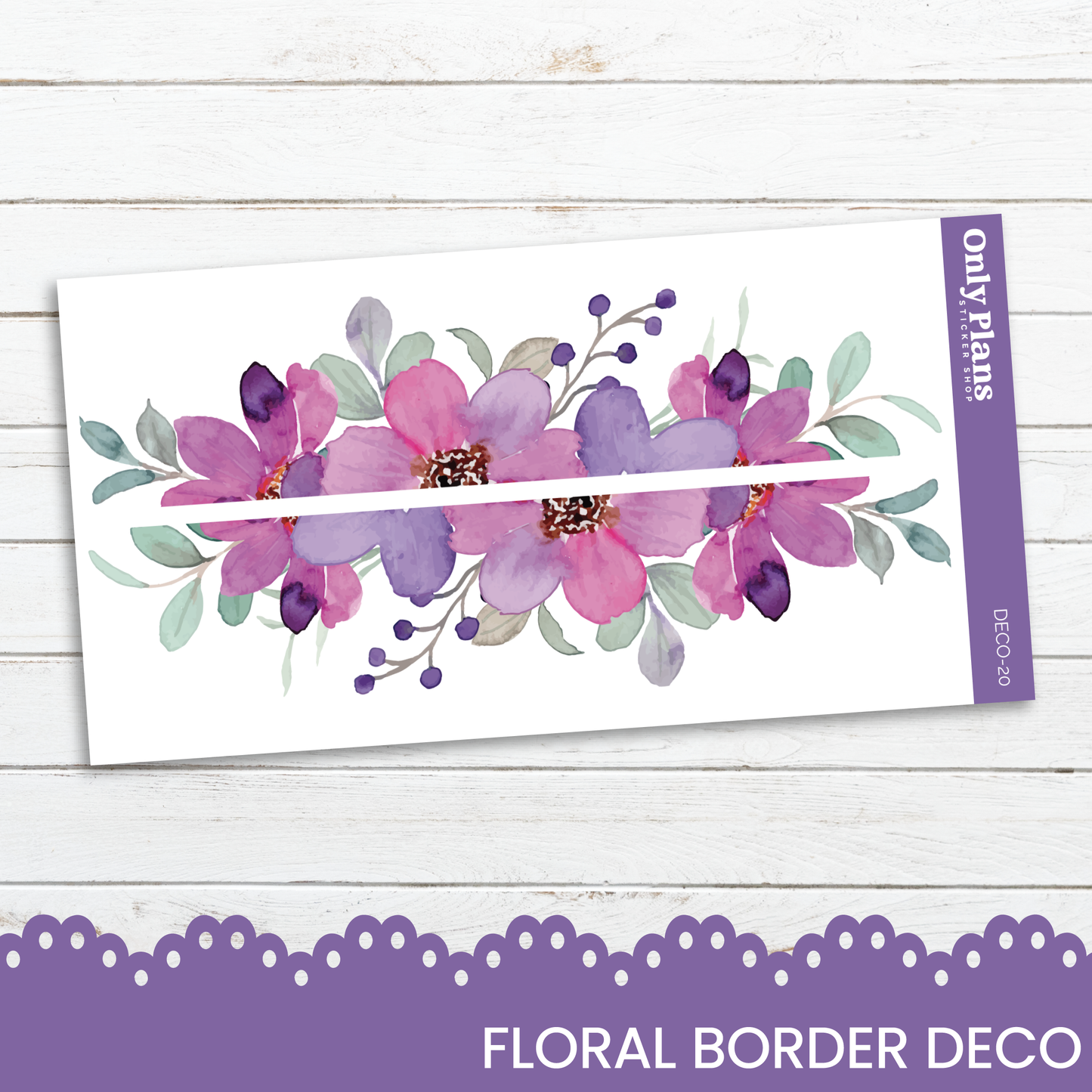 a floral border with purple flowers on a white background