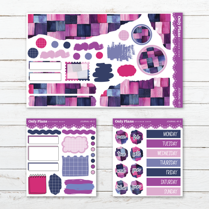 three different items: a sticker sheet, a sticker book, and a sticker set. The sticker sheet has various shapes and patterns in shades of purple and pink, while the sticker book has a collection of stickers in different colors and designs. The sticker set includes a variety of stickers with different shapes, patterns, and colors.