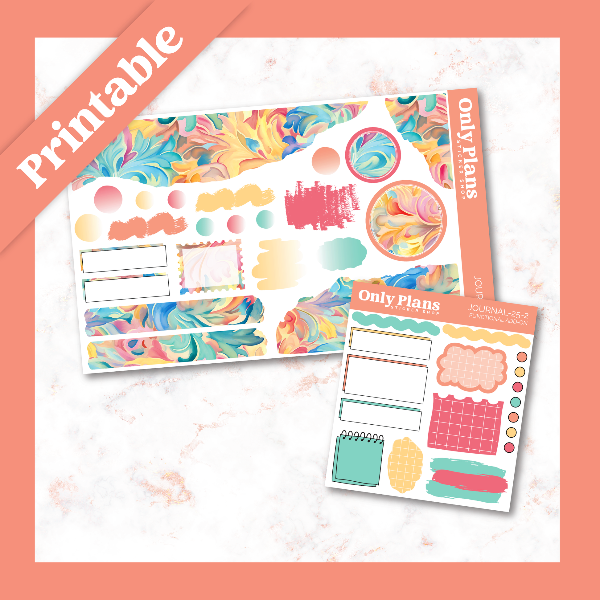 two planner stickers on a marble surface