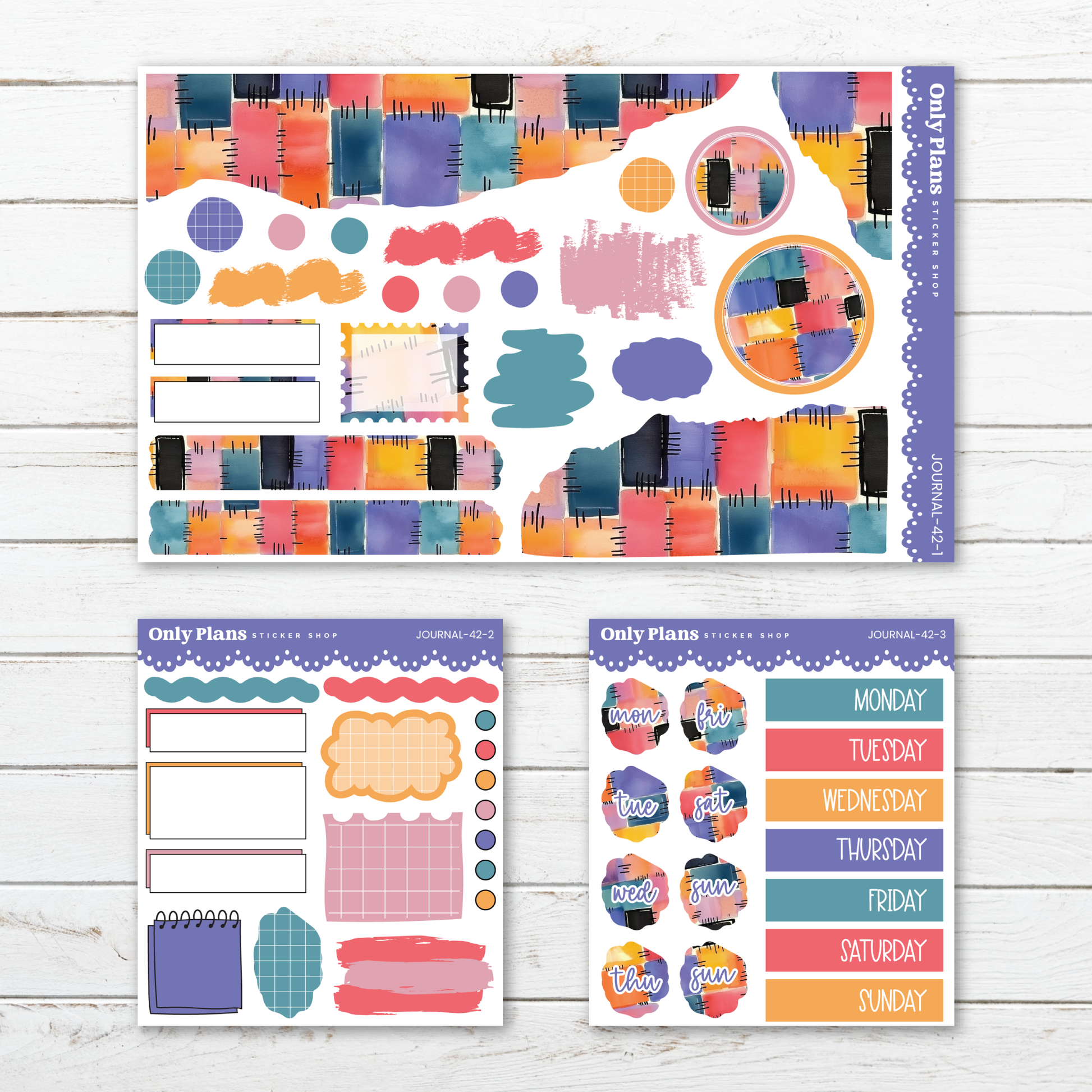 three different sets of colorful and patterned stickers and labels, likely used for organizing and planning purposes.