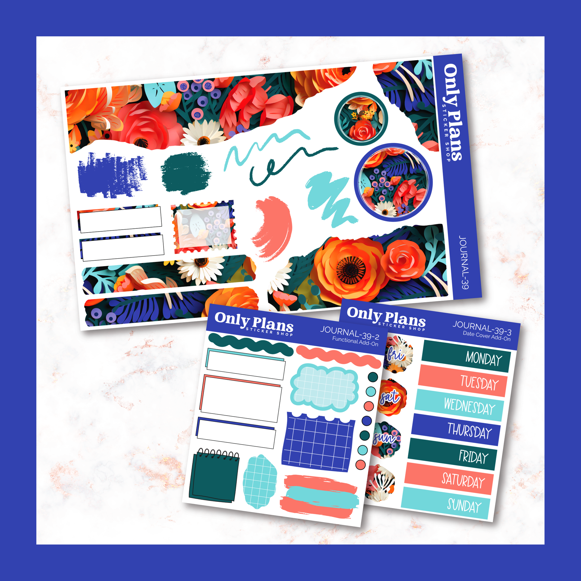 two planner stickers on a marble surface