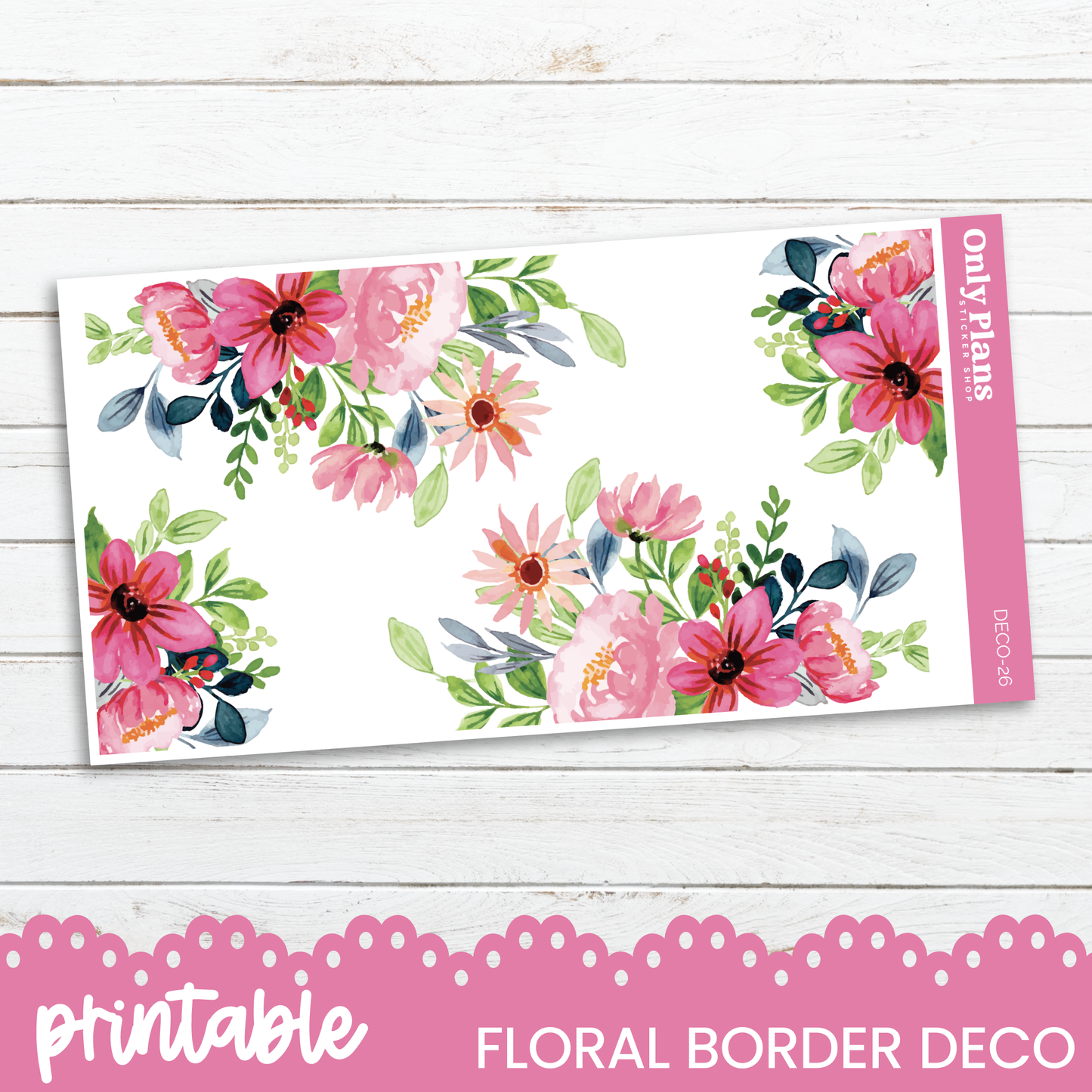 a floral border with pink flowers on a white background