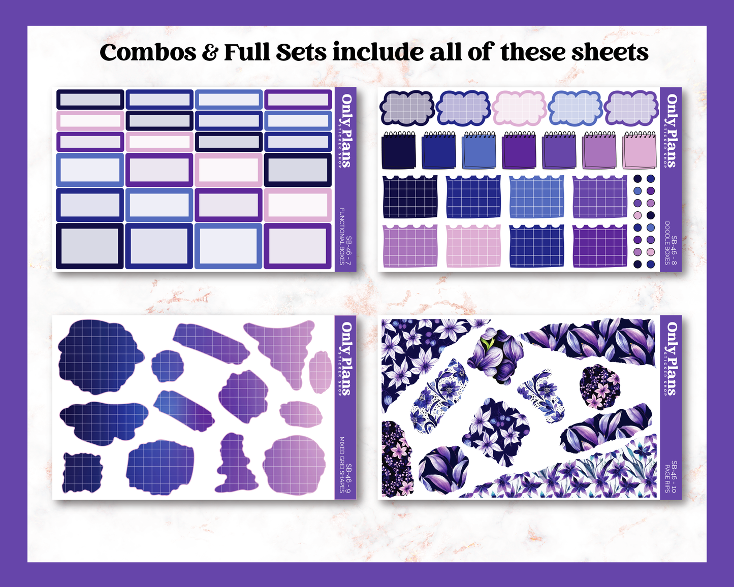 a set of purple and blue stickers on a white background