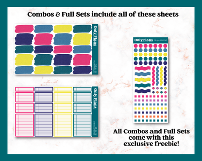 two sheets of colorful stickers on a white background