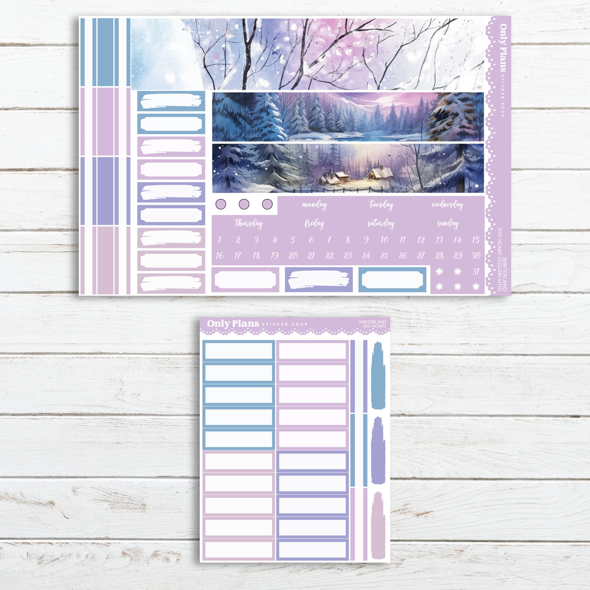 a purple and blue planner sticker with a forest scene