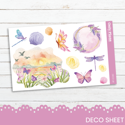 a card with watercolor images of flowers and dragonflies