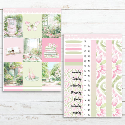 a pink and green floral themed planner sticker