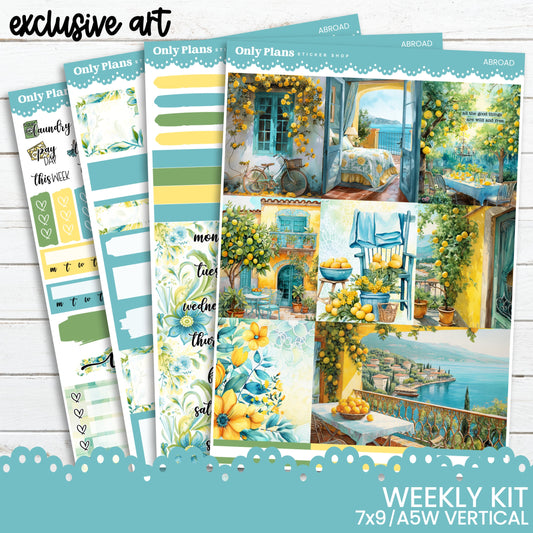 a set of four stickers with a picture of a house and flowers