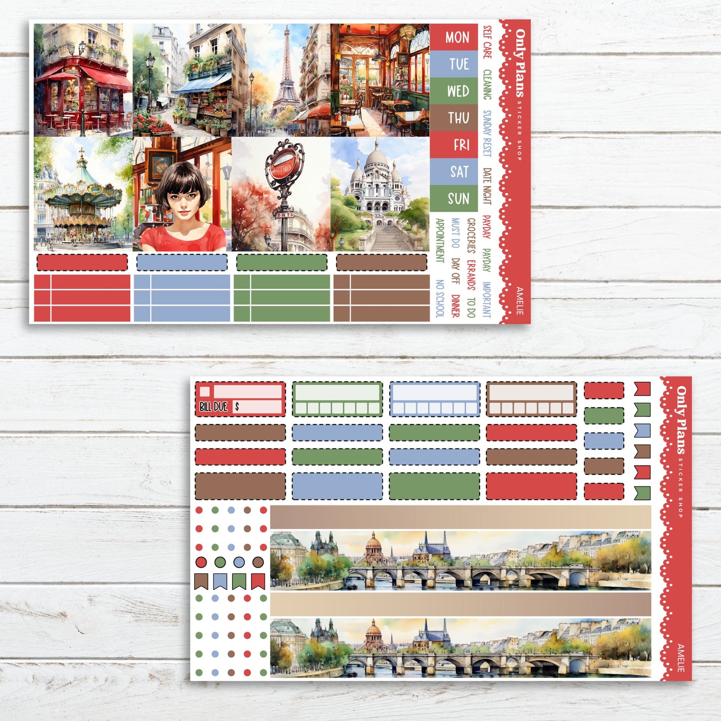 a set of two planner stickers with a city scene