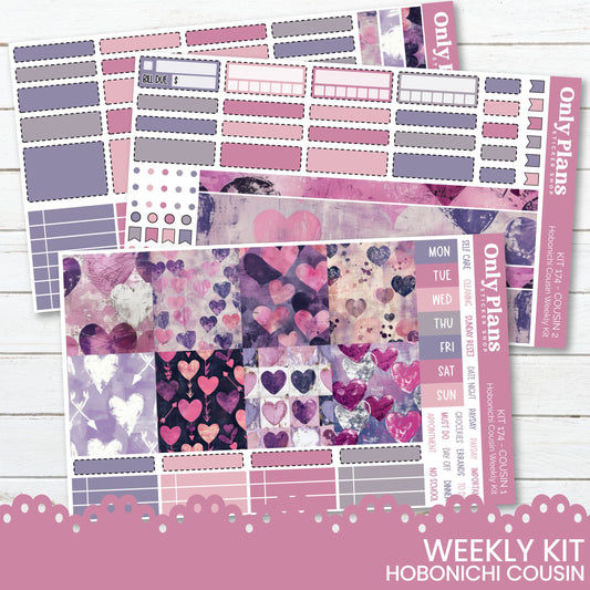 a pink and purple planner sticker kit with hearts