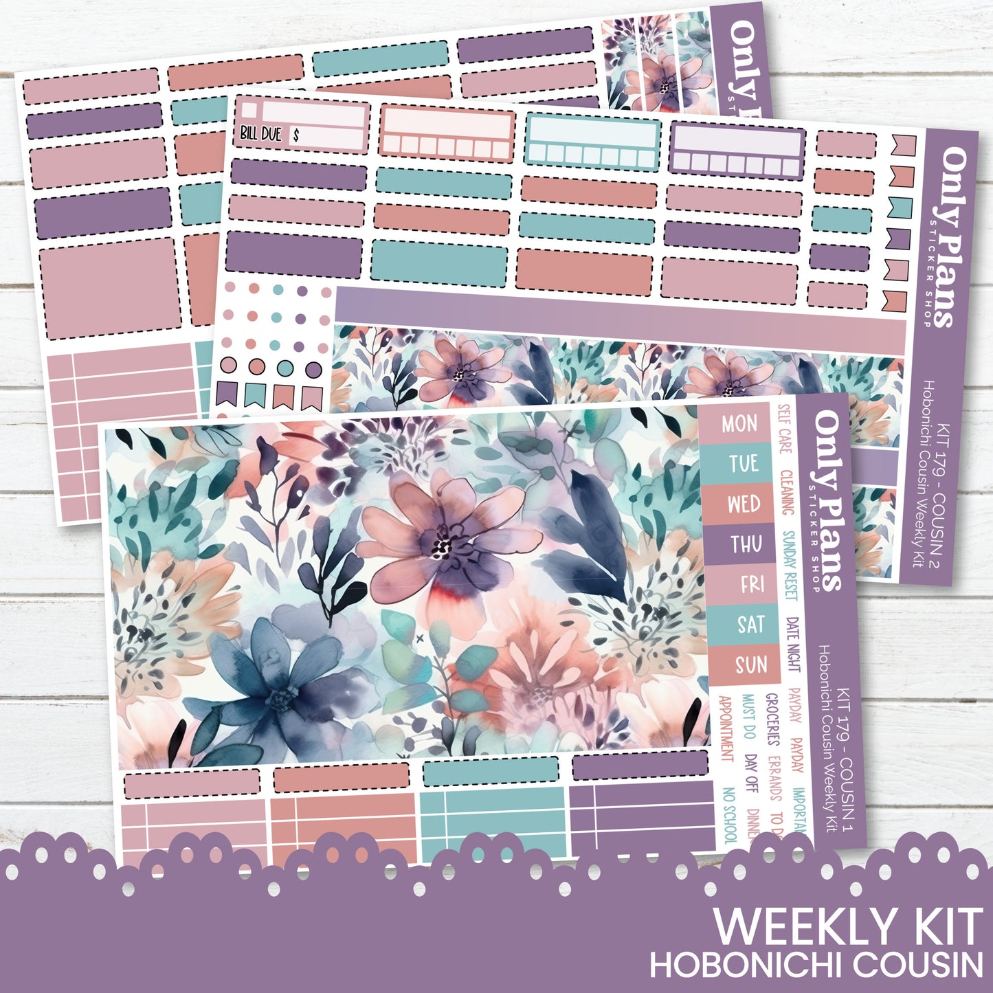 a floral planner sticker kit with a purple background