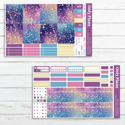 a planner sticker with a purple and blue background