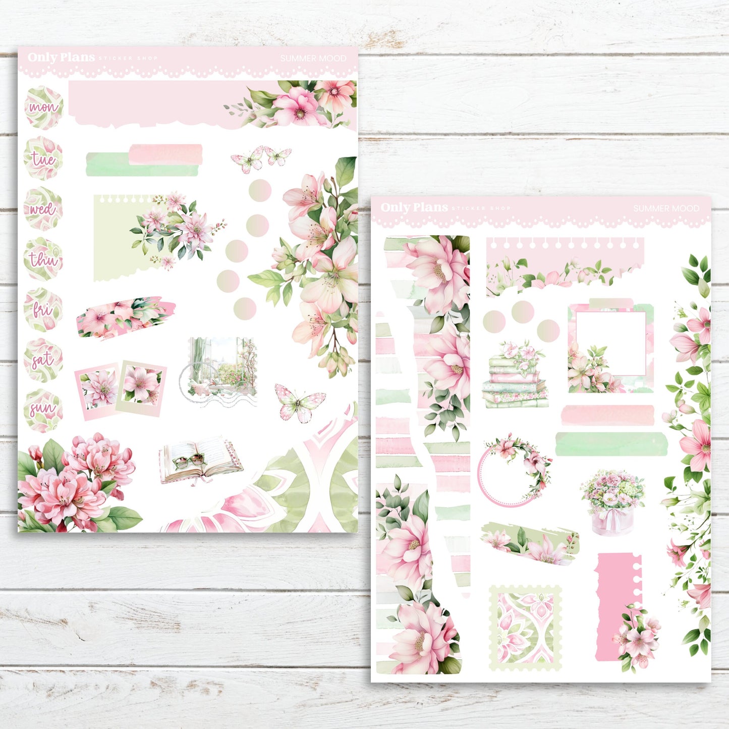 two sheets of paper with pink flowers on them