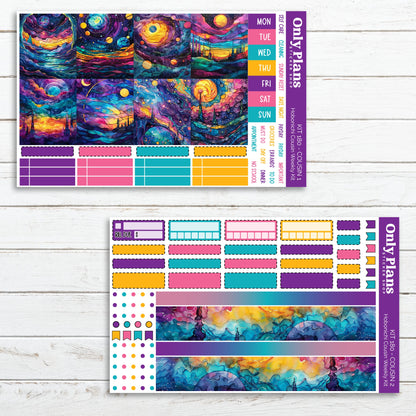 a colorful planner sticker with a space theme