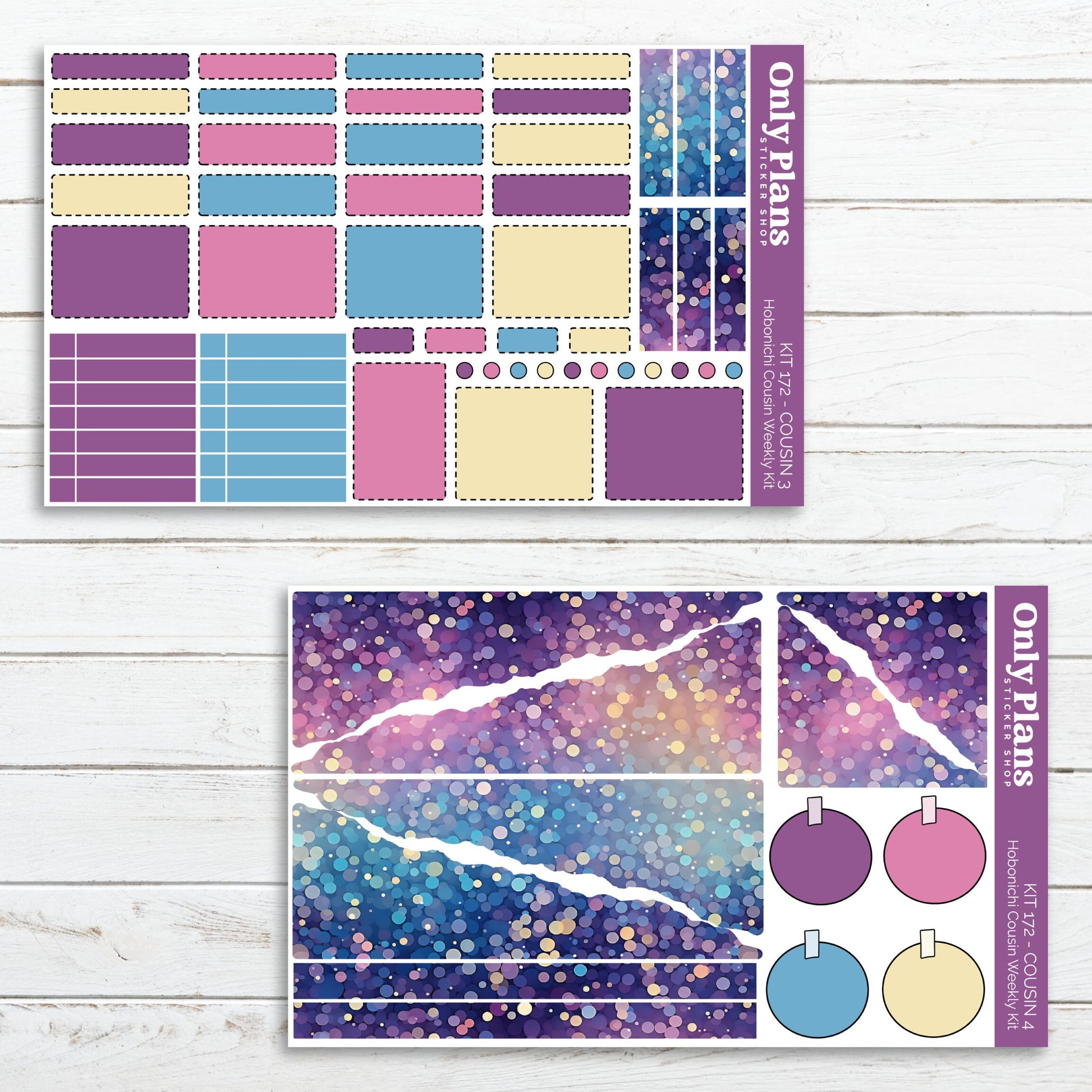 a purple and blue planner sticker and a pink and blue planner sticker