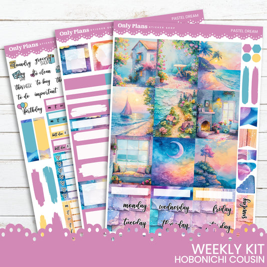 the hobonichi coun planner stickers are shown with a pink background