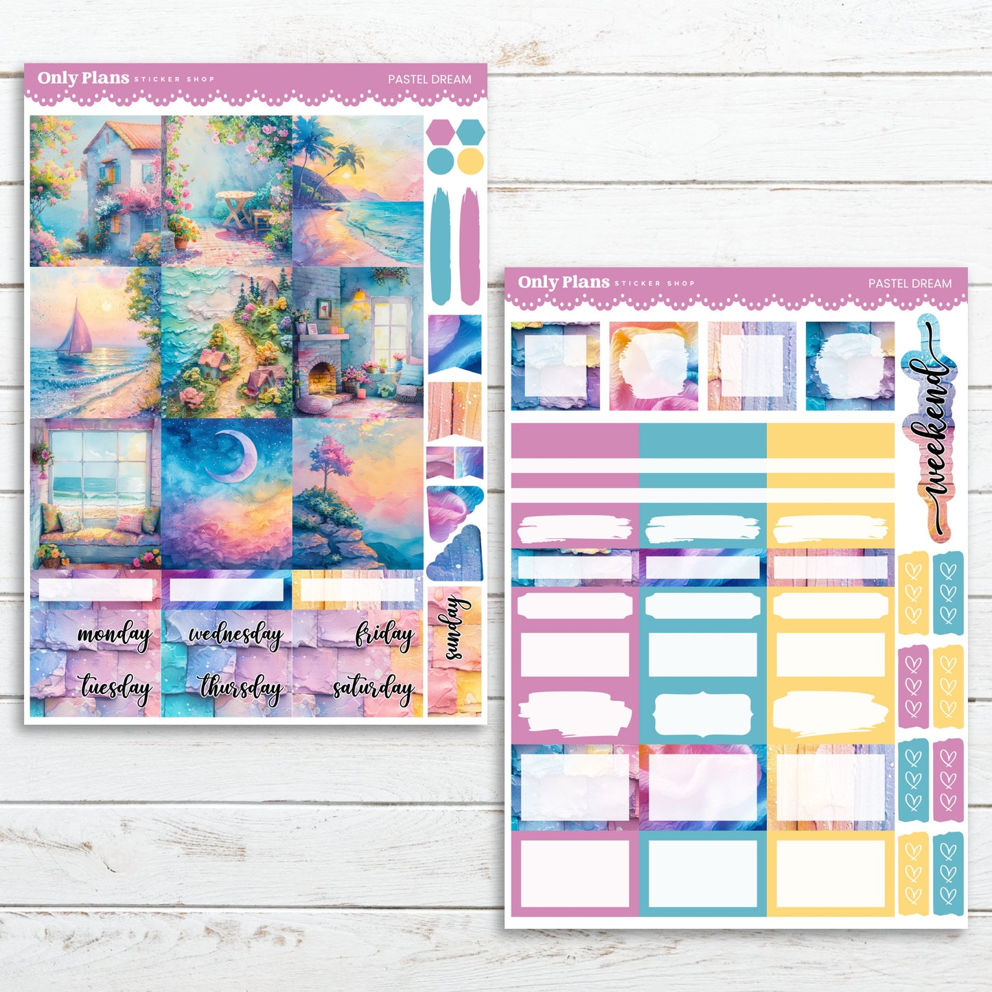 a colorful planner sticker with a house and trees