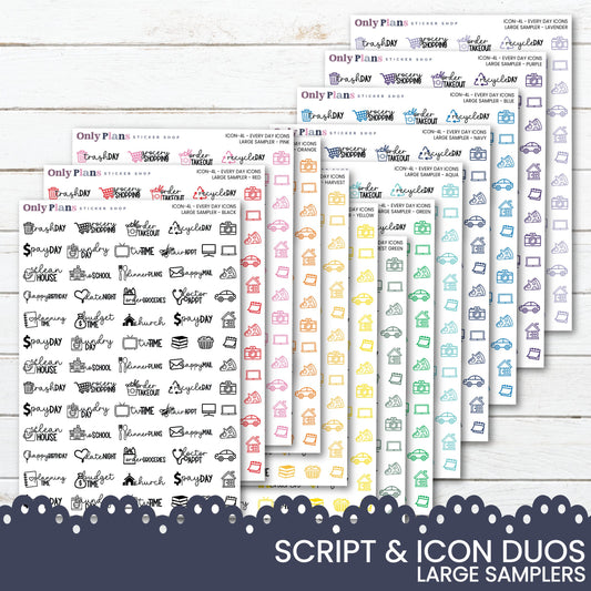 a set of six colorful stickers with the words script and icons