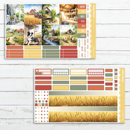 a set of two stickers with farm scenes on them