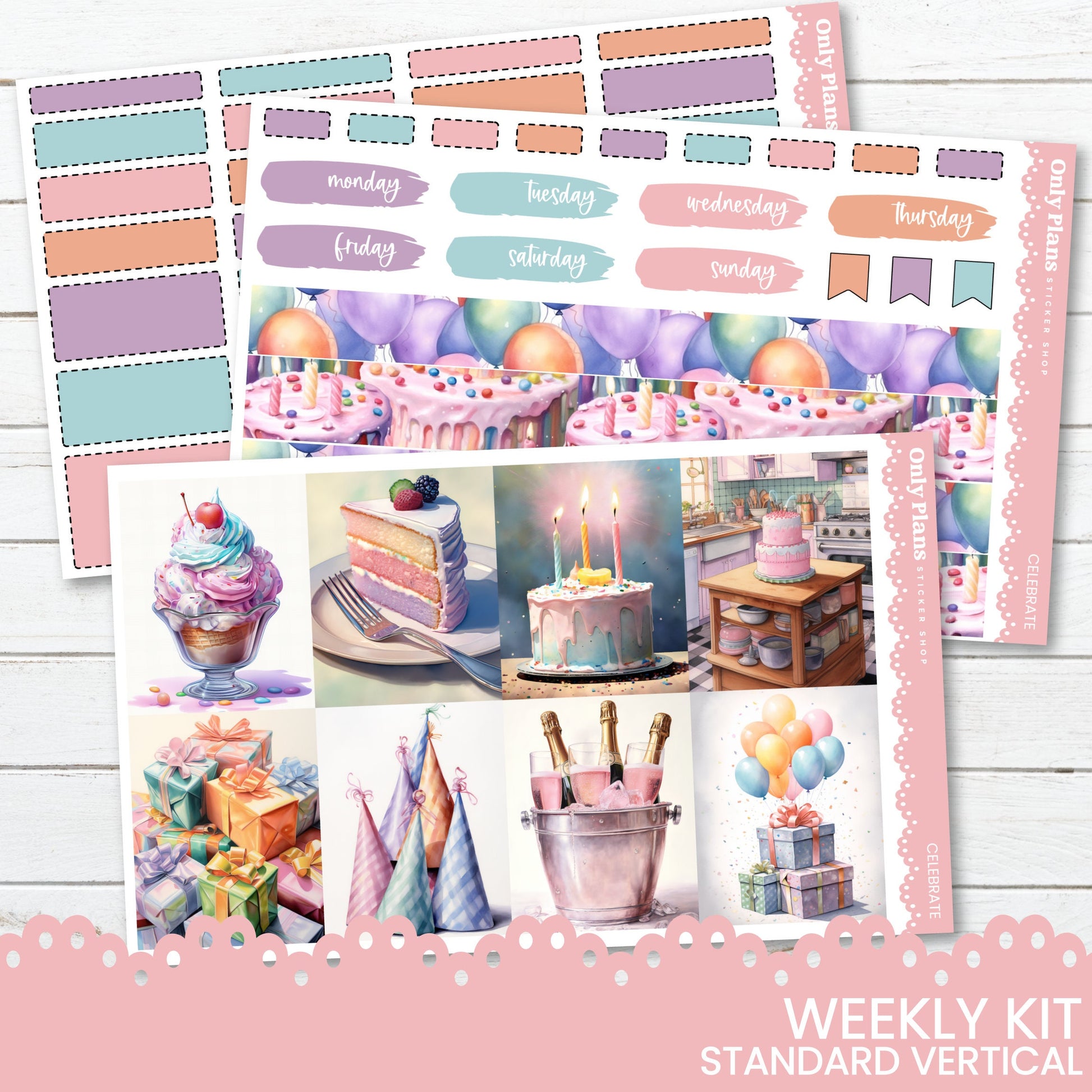 a pink and blue birthday planner sticker with pictures of cakes