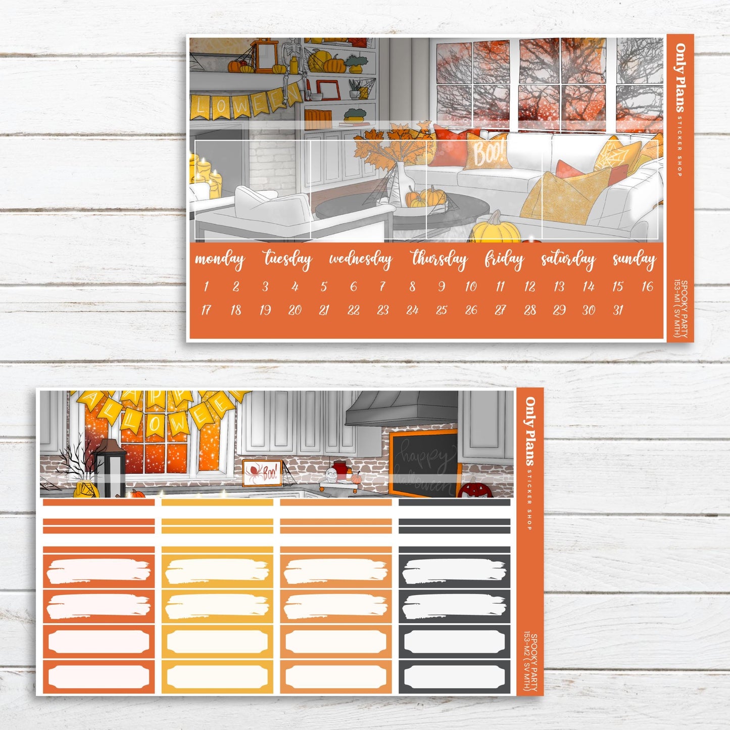 two calendars with a kitchen and a living room in the background