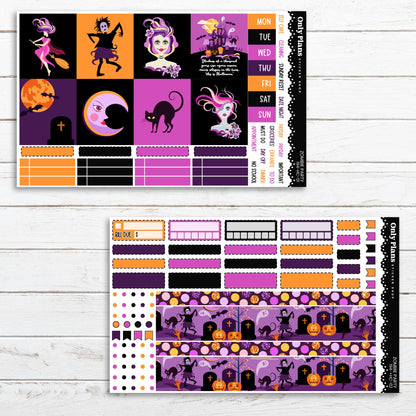 a purple and orange halloween themed planner sticker