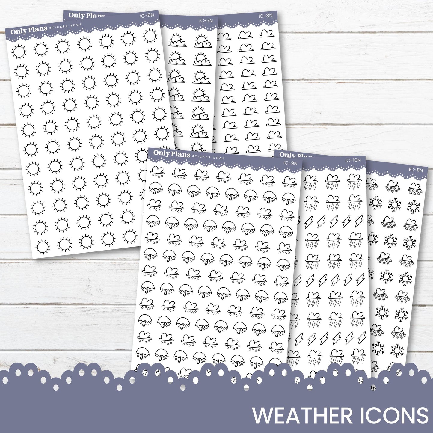 a set of four planner stickers with the words weather icons