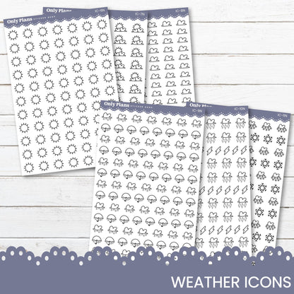 a set of four planner stickers with the words weather icons