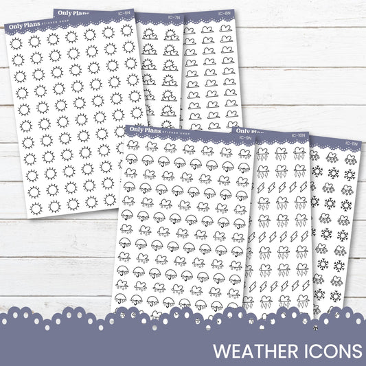 a set of four planner stickers with the words weather icons