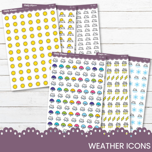 three planner stickers with the words weather icons on them