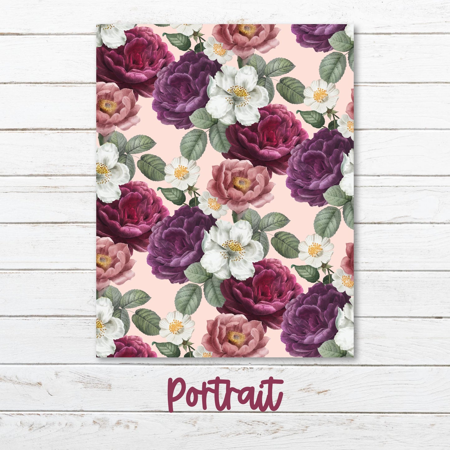 a pink and purple floral print with the word portrait on it