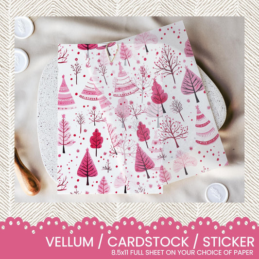 a pair of pink and white placemats with trees on them