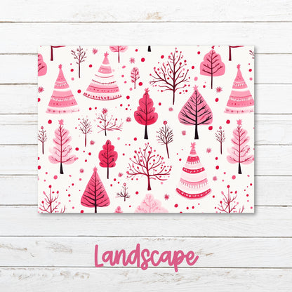 a card with trees and snowflakes on it