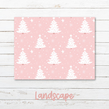 a pink background with white christmas trees on it